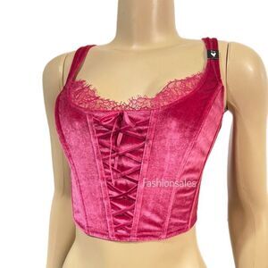 Victorias Secret Dream Angels Unlined Lace-up Velvet Corset Top Bra Pink S-DD